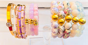 The Camille Chinoiserie Painted Bead Stretchy Bracelet with Brushed Gold Ball - Pink & Lilac Floral
