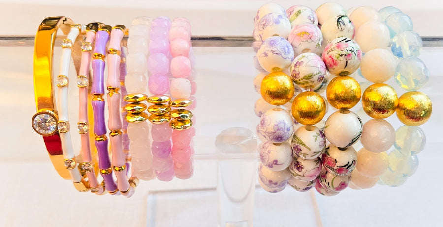 The Camille Chinoiserie Painted Bead Stretchy Bracelet with Brushed Gold Ball - Pink & Lilac Floral