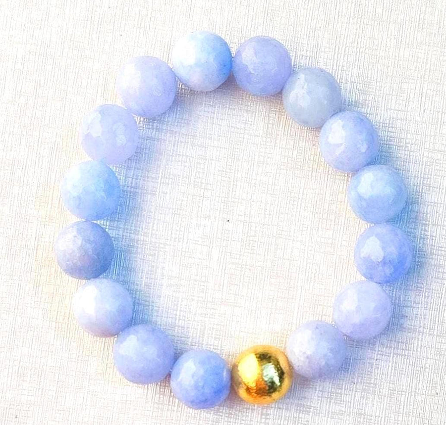 The Alouette Blue Stone Bead Stretchy Bracelet with Brushed Gold Ball