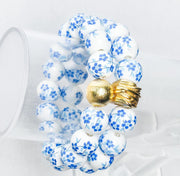 The Camille Chinoiserie Painted Bead Stretchy Bracelet with Brushed Gold Ball - Blue Two Tone Colorway