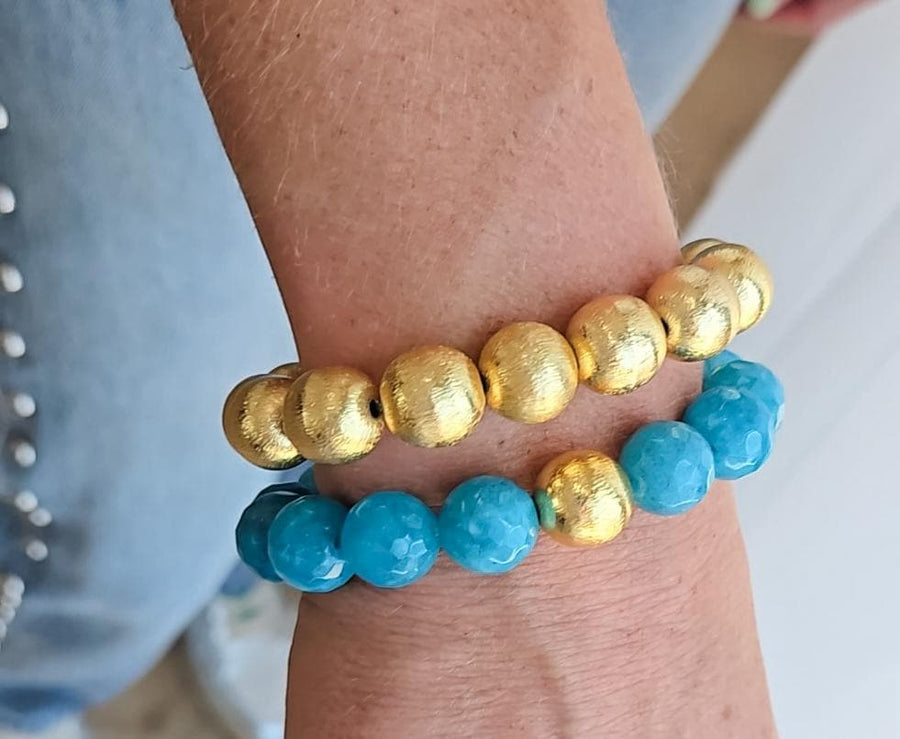The Alouette Teal Stone Bead Stretchy Bracelet with Brushed Gold Ball