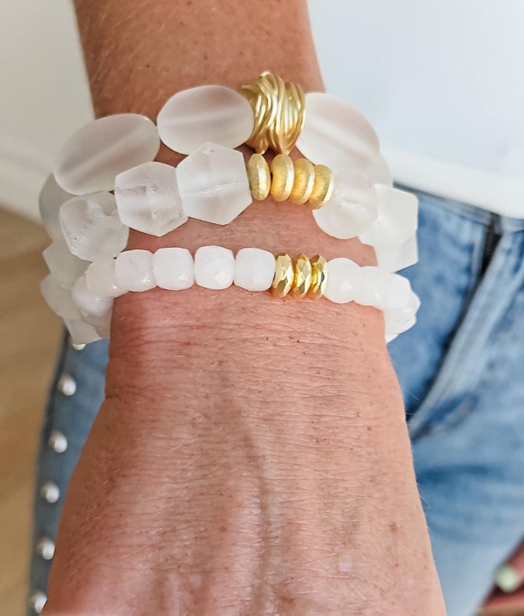 The Sylvie Small Square Stone Stretchy Bracelet in Clear with Gold