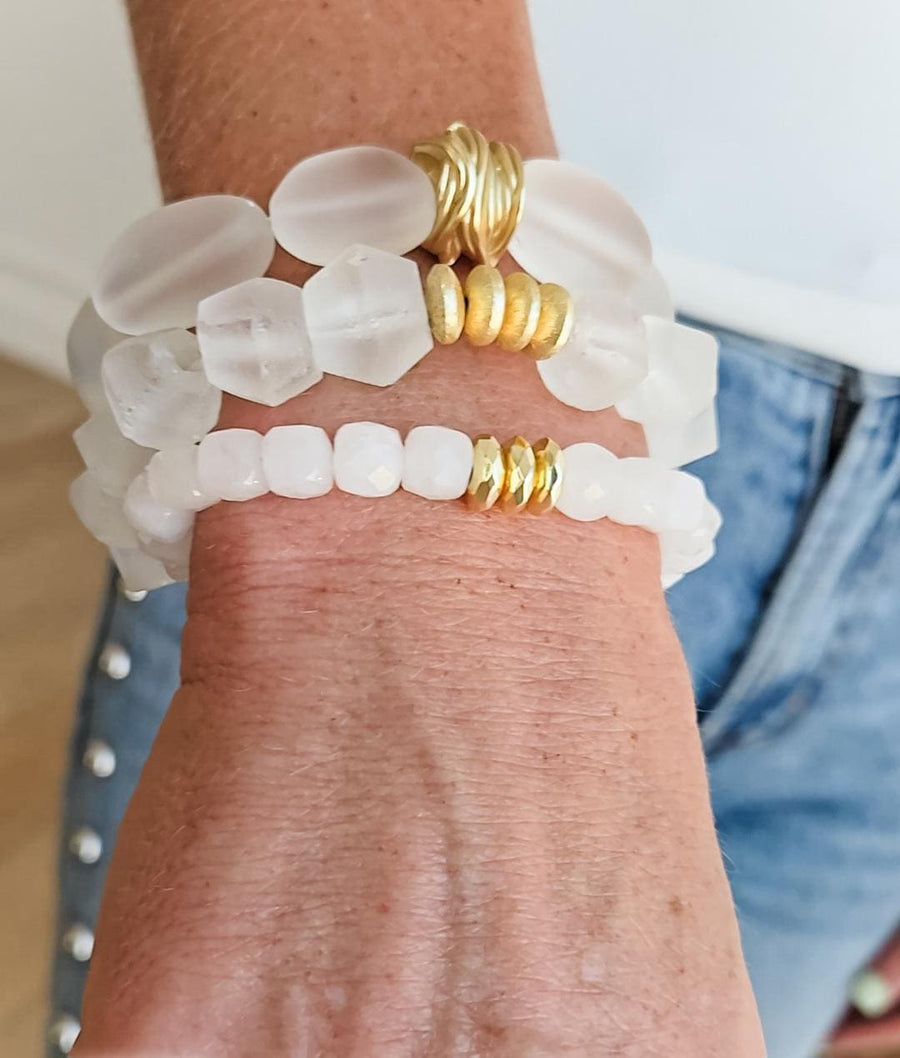 The Sylvie Small Square Stone Stretchy Bracelet in Clear with Gold