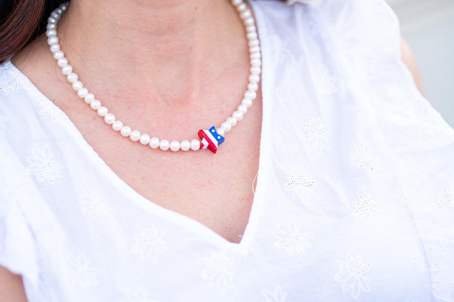 PATRIOTIC HEART & SOUL Authentic Freshwater Pearls Star Necklace