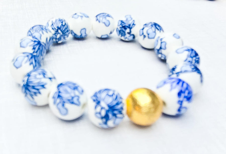 The Camille Chinoiserie Painted Bead Stretchy Bracelet with Brushed Gold Ball - Blue Two Tone Colorway