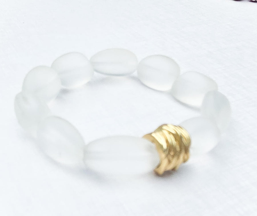The Saige Sea Glass Bracelet with Gold Center Bead in Clear Matte