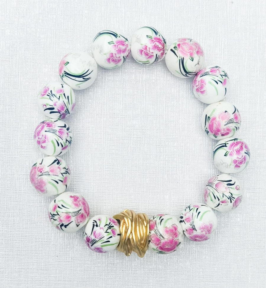 The Camille Chinoiserie Painted Bead Stretchy Bracelet with Brushed Gold Ball - Pink Floral Colorway