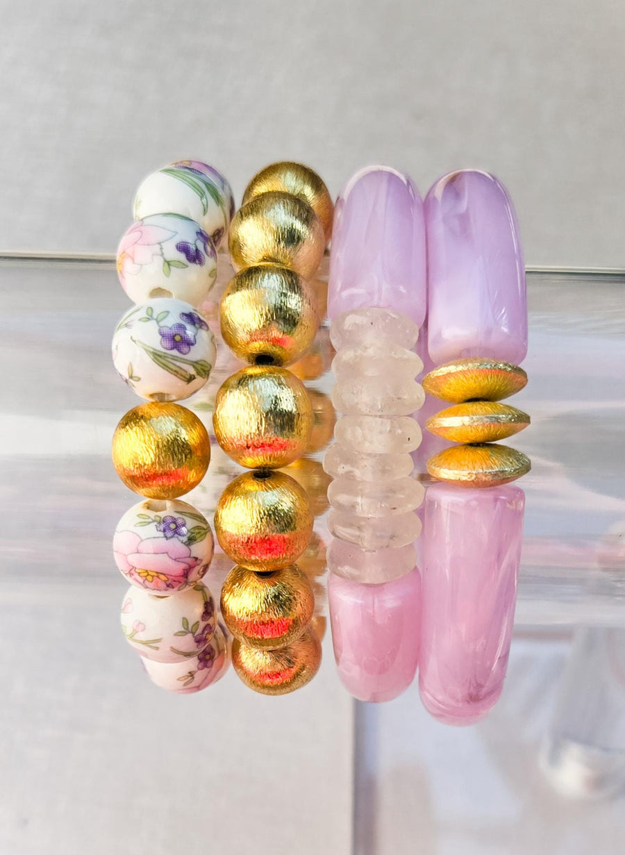 The Camille Chinoiserie Painted Bead Stretchy Bracelet with Brushed Gold Ball - Pink & Lilac Floral