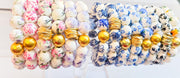 The Camille Chinoiserie Painted Bead Stretchy Bracelet with Brushed Gold Ball - Pink & Lilac Floral