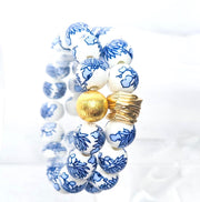 The Camille Chinoiserie Painted Bead Stretchy Bracelet with Brushed Gold Ball - Blue Two Tone Colorway
