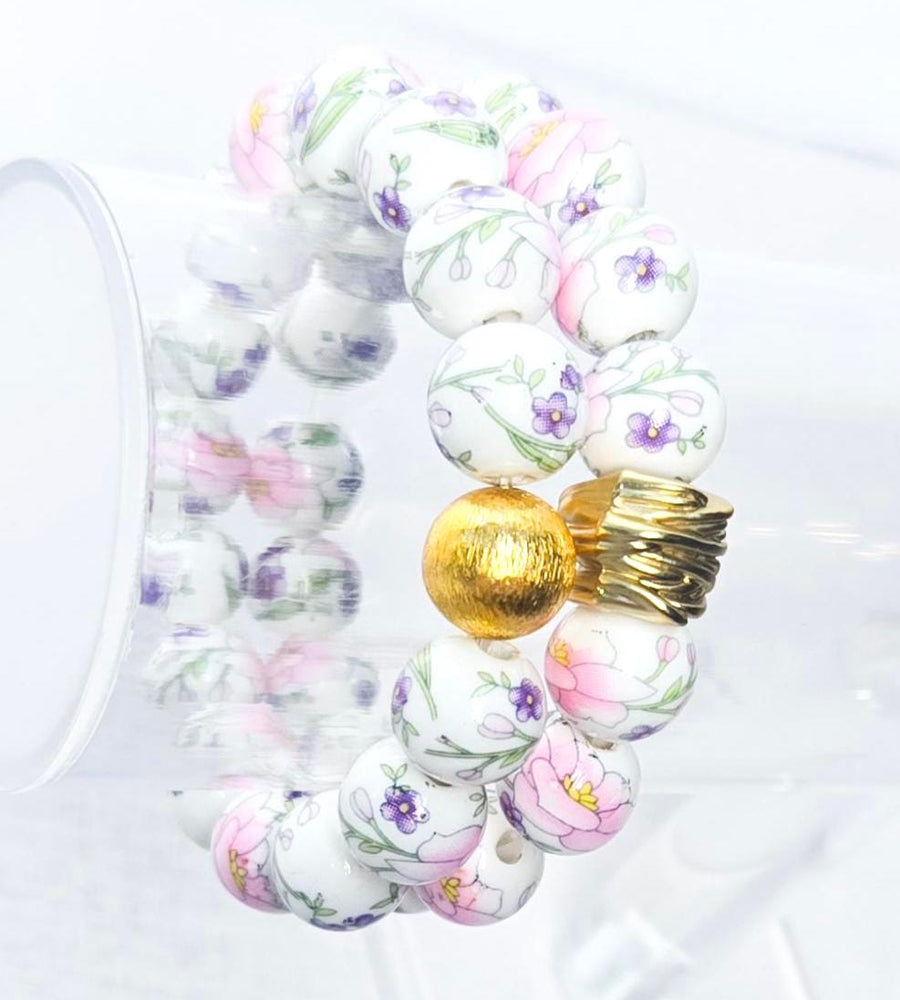 The Camille Chinoiserie Painted Bead Stretchy Bracelet with Brushed Gold Ball - Pink & Lilac Floral
