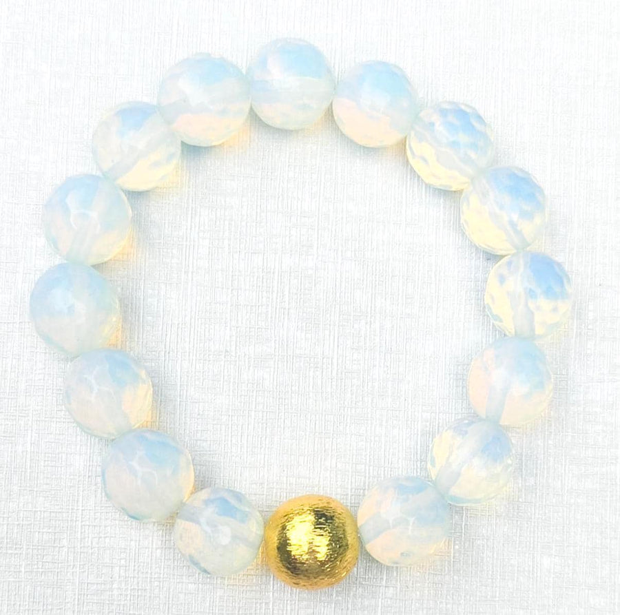 The Alouette Light Catching Opal Stone Bead Stretchy Bracelet with Brushed Gold Ball