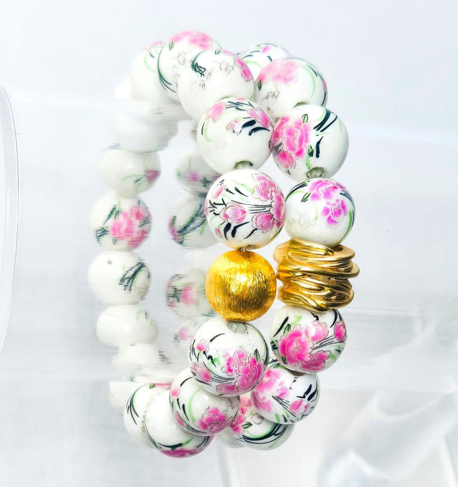 The Camille Chinoiserie Painted Bead Stretchy Bracelet with Brushed Gold Ball - Pink Floral Colorway