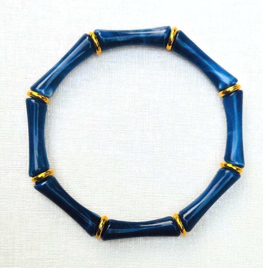 The Thin Bridgette Bamboo Acrylic Bangle Set in Marbled Navy (in Gold or Silver)