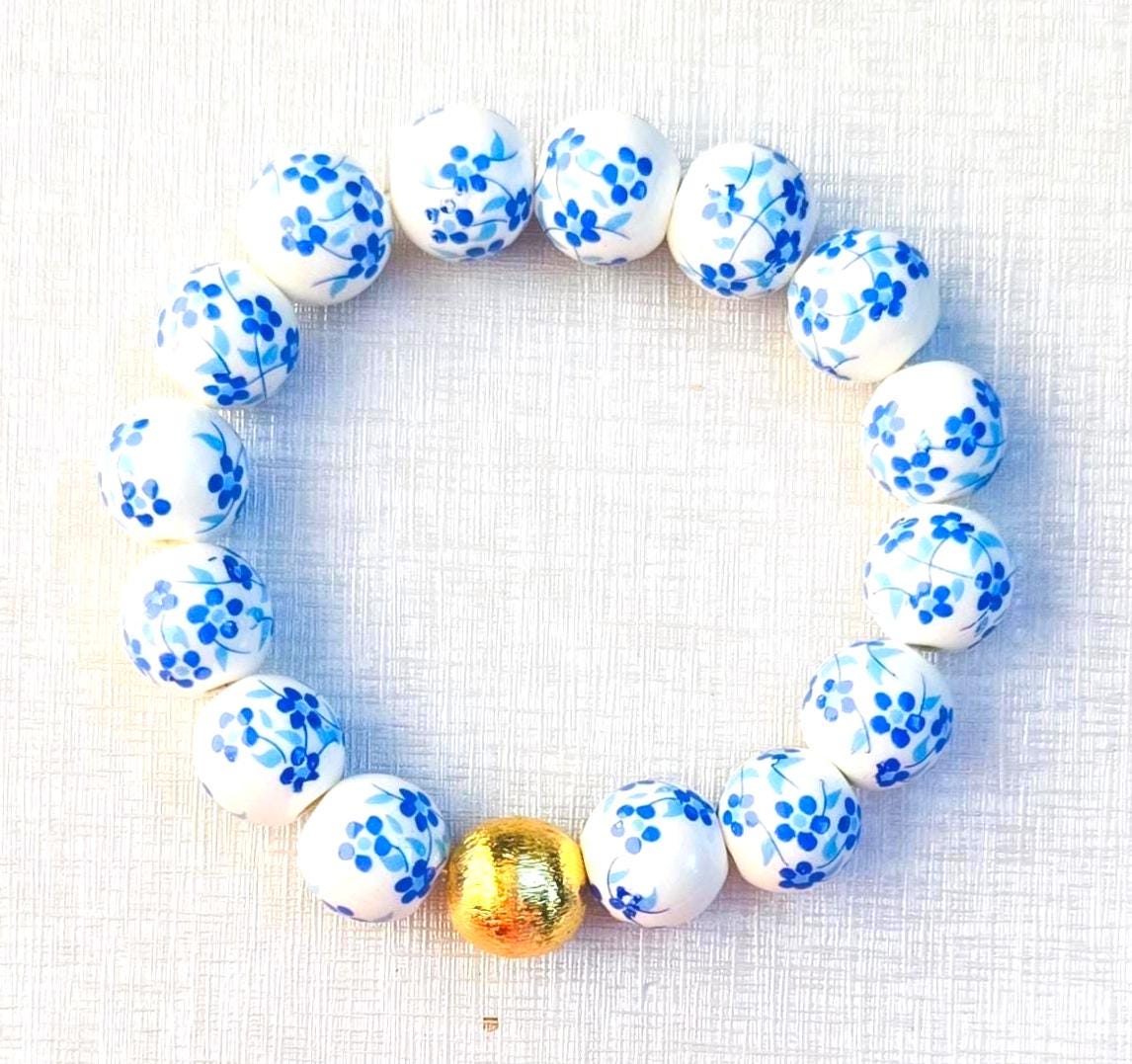 The Camille Chinoiserie Painted Bead Stretchy Bracelet with Brushed Gold Ball - Blue Two Tone Colorway
