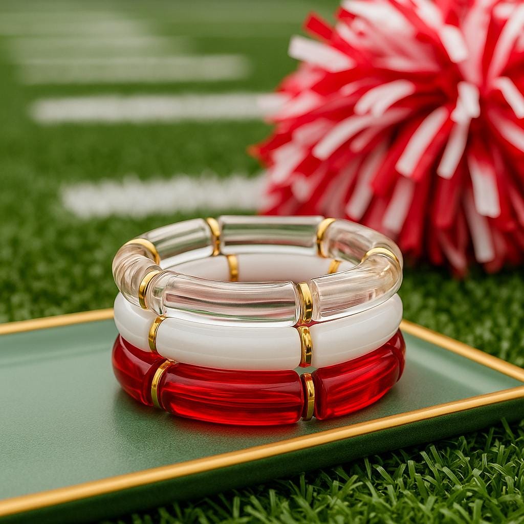 Bama Roll Tide l OU Boomer Sooner  Red White Clear Gameday Jewelry, Stretchy Bracelets, Team Spirit Accessories l Ultimate Gameday Stack