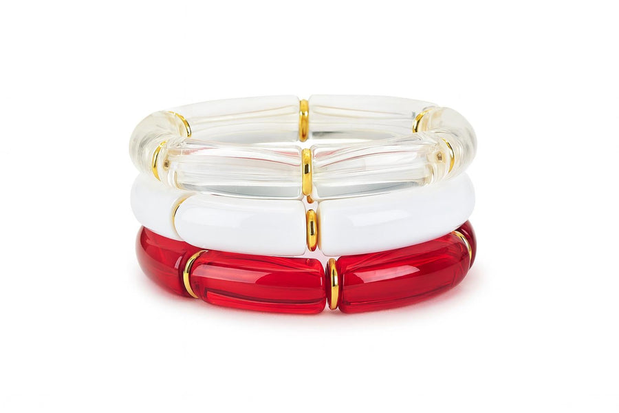 Bama Roll Tide l OU Boomer Sooner  Red White Clear Gameday Jewelry, Stretchy Bracelets, Team Spirit Accessories l Ultimate Gameday Stack