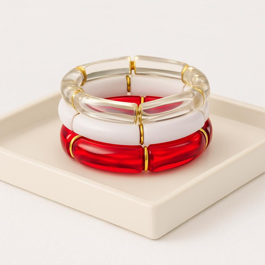 Bama Roll Tide l OU Boomer Sooner  Red White Clear Gameday Jewelry, Stretchy Bracelets, Team Spirit Accessories l Ultimate Gameday Stack