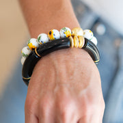 The Camille Chinoiserie Painted Bead Stretchy Bracelet with Brushed Gold Ball - Sunflower