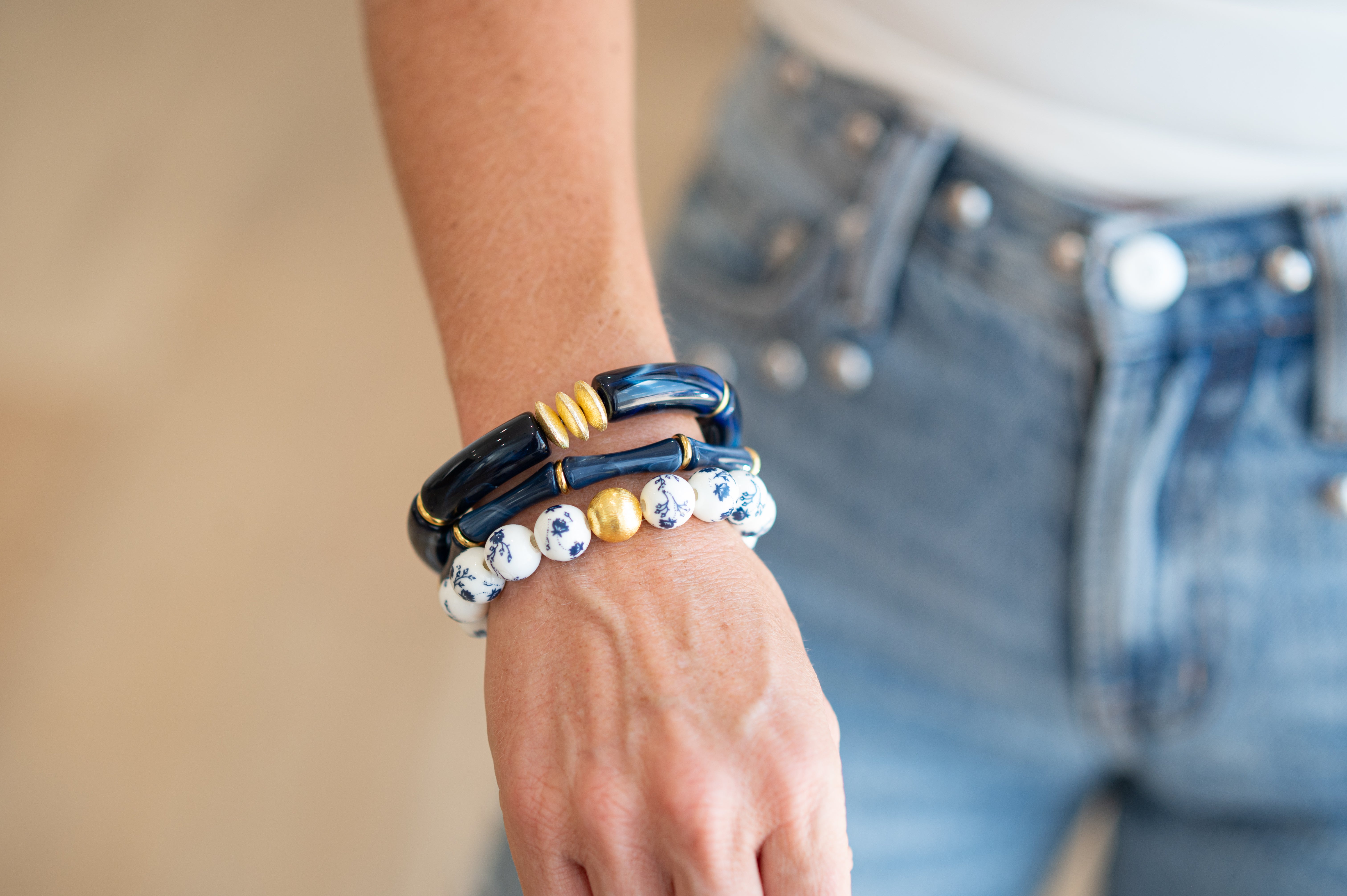 Thin Bridgette Bangle Grand Millennial Bracelet- Stretchy Bangle Gold I Silver I One Size I Stackable Statement I Marbled Navy