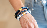 The Camille Chinoiserie Painted Bead Stretchy Bracelet with Brushed Gold Ball - Black Floral