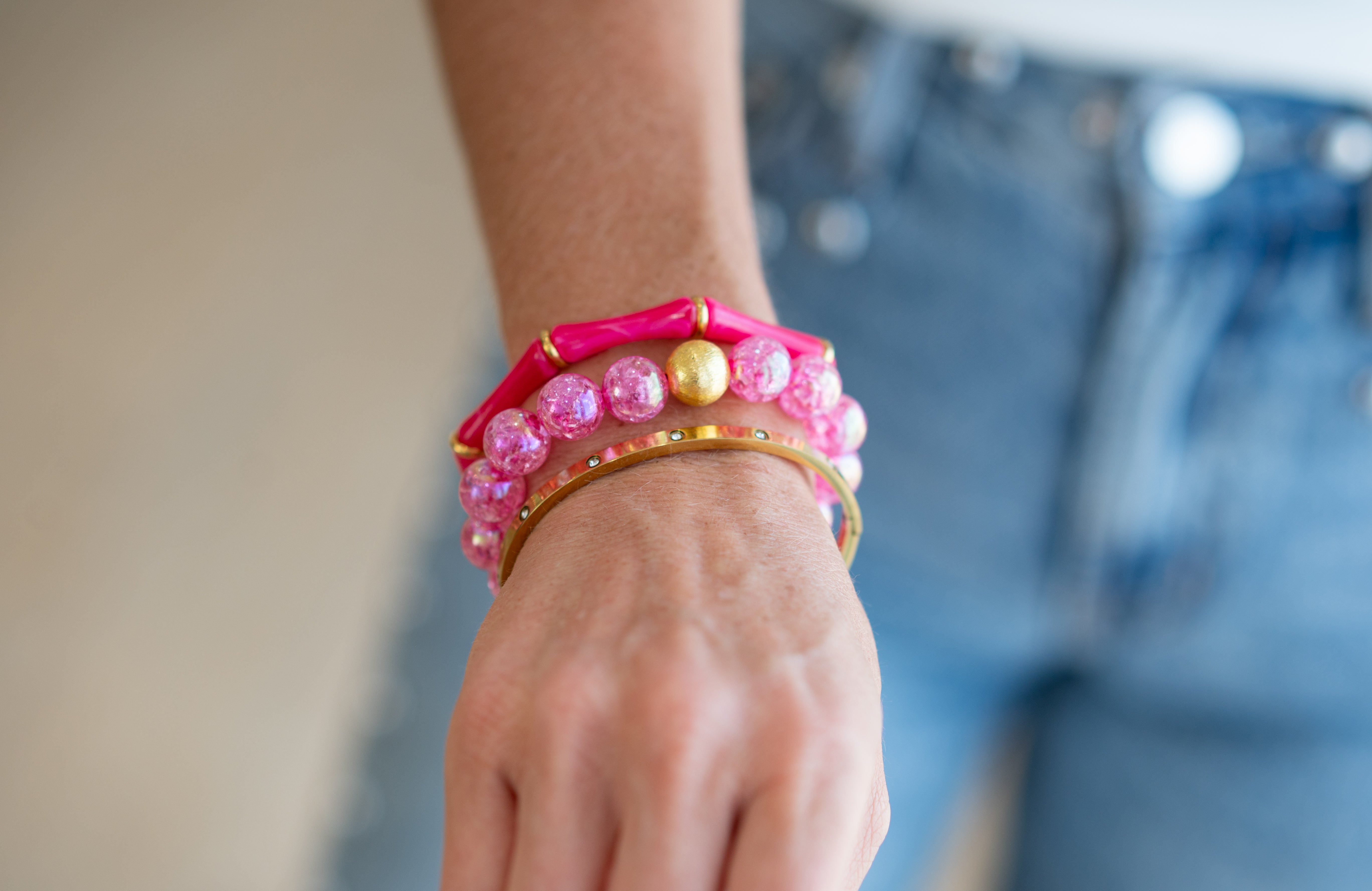 Thin Bridgette Bangle Grand Millennial Bracelet- Stretchy Bangle Gold I Silver I One Size I Stackable Statement Raspberry Pink