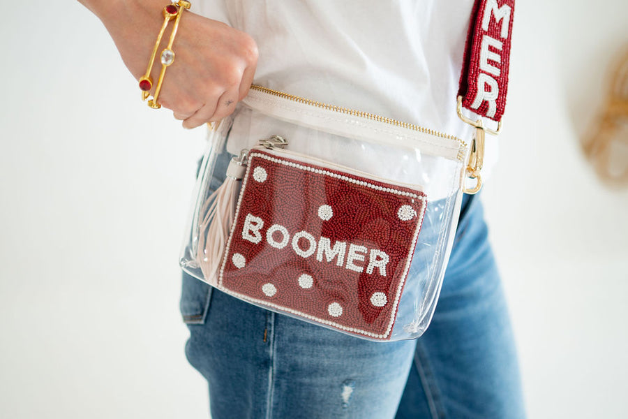 Handmade Beaded Pearl Gameday Custom Coin Purse | Bag for Clear Stadium Bags | Oklahoma| Boomer | 405 Local Original | Polka Dot Pearl Border