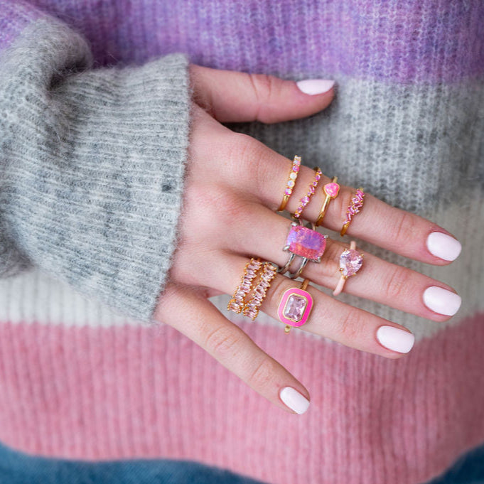 The Viv Dainty & Delicate Stacking Stone Ring in Gold - Adjustable - Pink