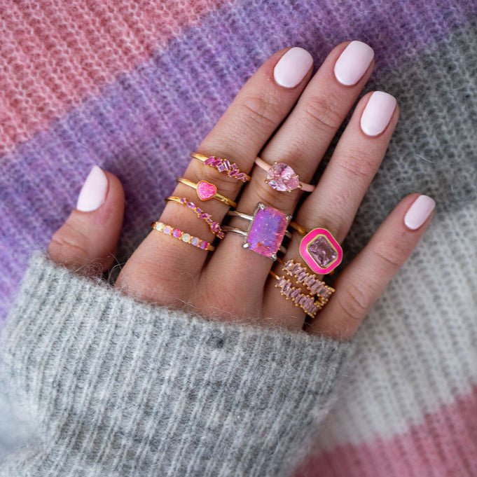 The Penny Pink Peony Double Baguette Band in Gold - Adjustable