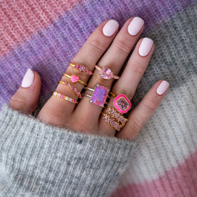 The Viv Dainty & Delicate Stacking Stone Ring in Gold - Adjustable - Pink