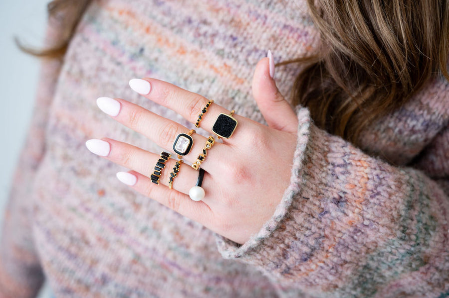 The Zara Gold Enamel Contemporary Ring in Classic Black