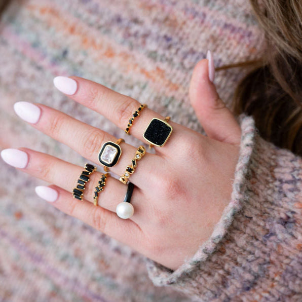 The Viv Dainty & Delicate Stacking Stone Ring in Gold - Adjustable - Black