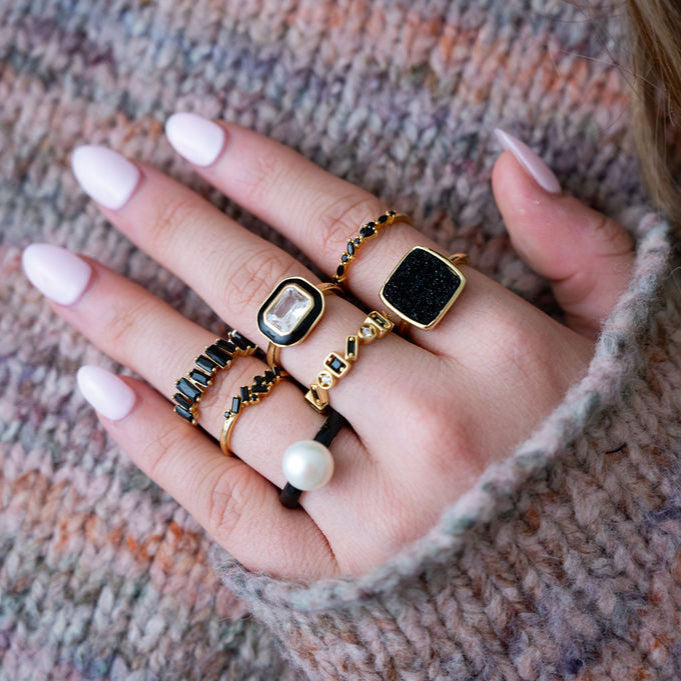 The Faye Dainty & Delicate Adjustable Stacking Gem Ring - Black