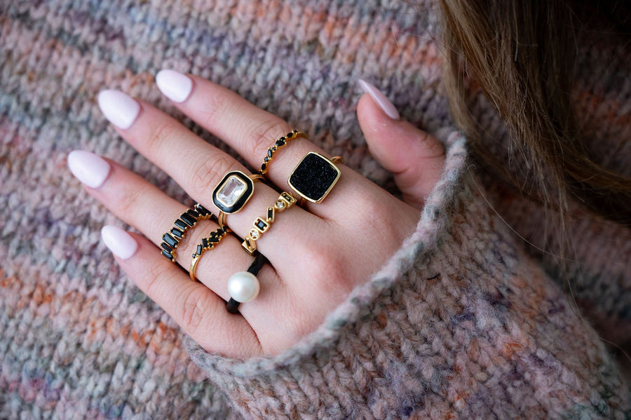 The Viv Dainty & Delicate Stacking Stone Ring in Gold - Adjustable - Black