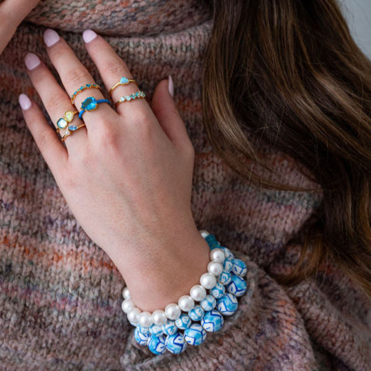 The Viv Dainty & Delicate Stacking Stone Ring in Gold - Adjustable - Light Turquoise
