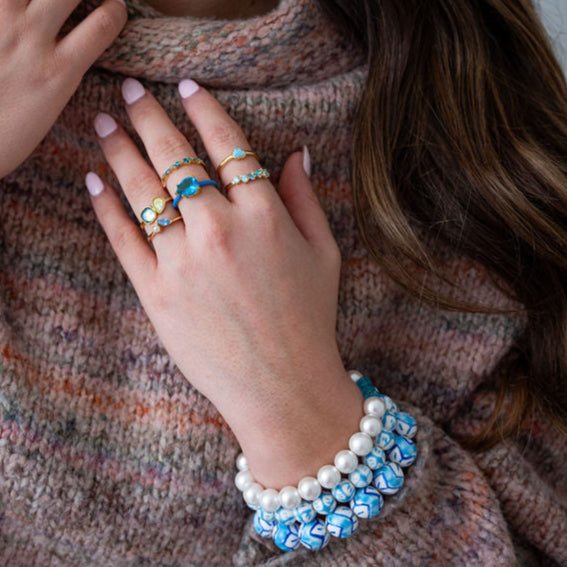 The Faye Dainty & Delicate Adjustable Stacking Gem Ring - Bright Blue