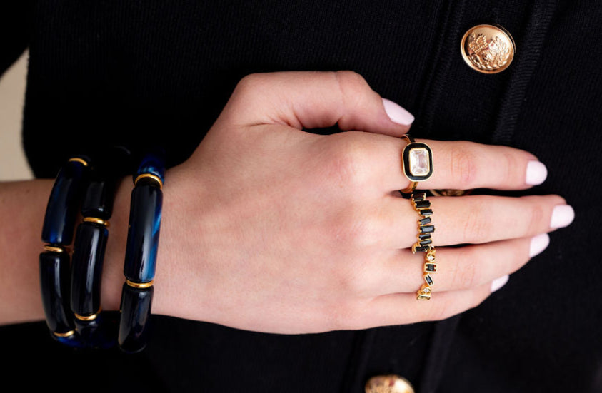 The Navy Marbled Acrylic Bangle Stretchy Bracelet Stack in Gold or Silver Accents