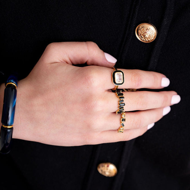 The Zara Gold Enamel Contemporary Ring in Classic Black