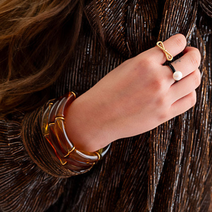 The Let's Linger Over Coffee Tortoise Acrylic Bangle Stretchy Bracelet Stack in Gold or Silver Accents