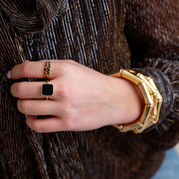 The Viv Dainty & Delicate Stacking Stone Ring in Gold - Adjustable - Black