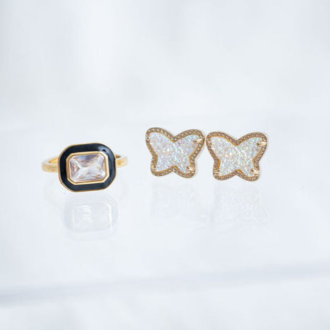 The Zara Gold Enamel Contemporary Ring in Classic Black