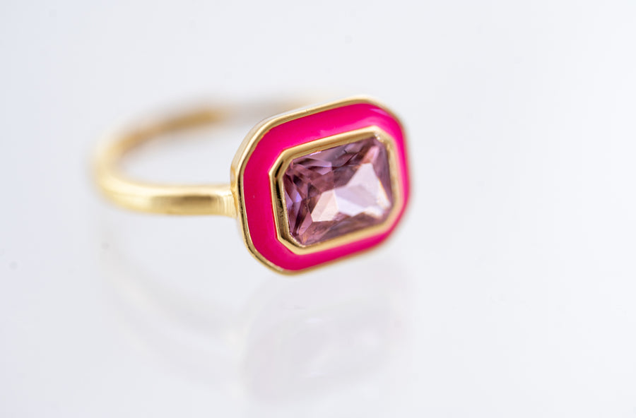 The Zara Gold Enamel Contemporary Ring in Poppin' Pink