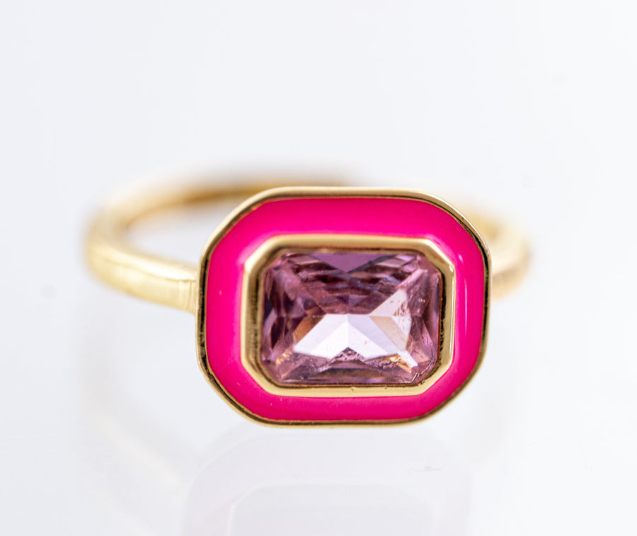 The Zara Gold Enamel Contemporary Ring in Poppin' Pink