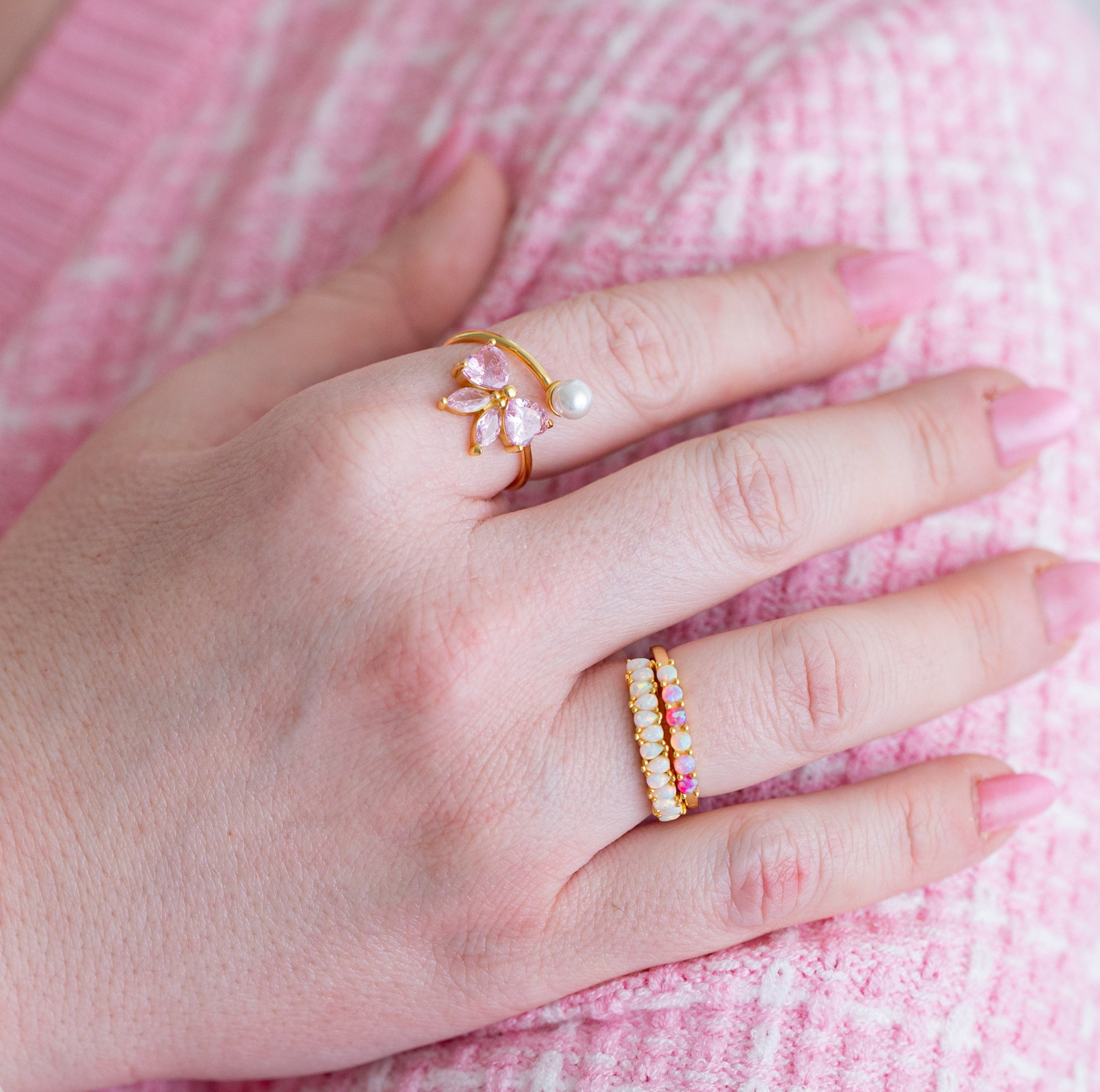 The Birdie Pink Bow & Pearl Coquette Girly Adjustable Gold Ring