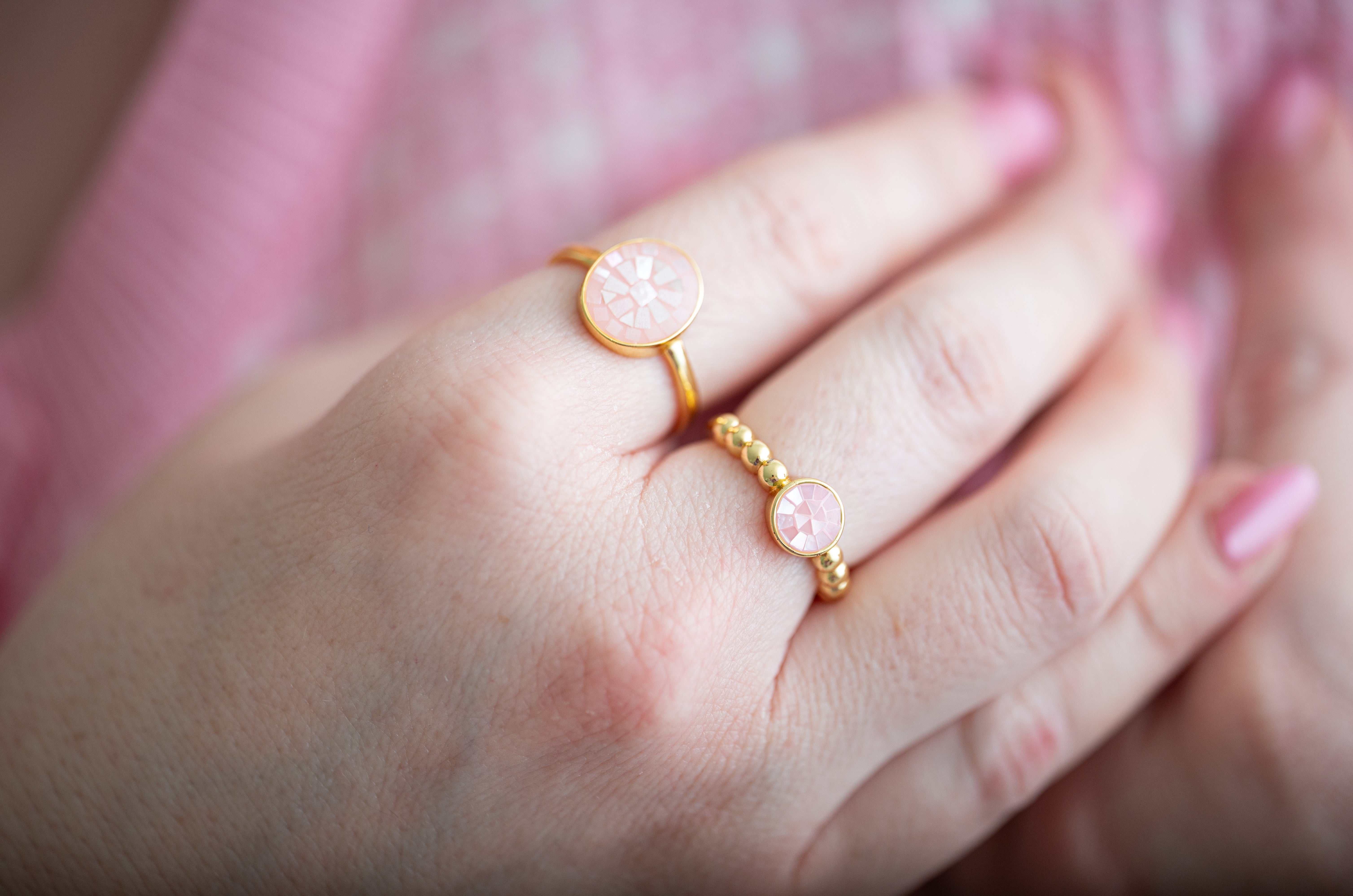 The Ocean is Calling Mother of Pearl Dainty Adjustable Gold and Pink Shell Ring