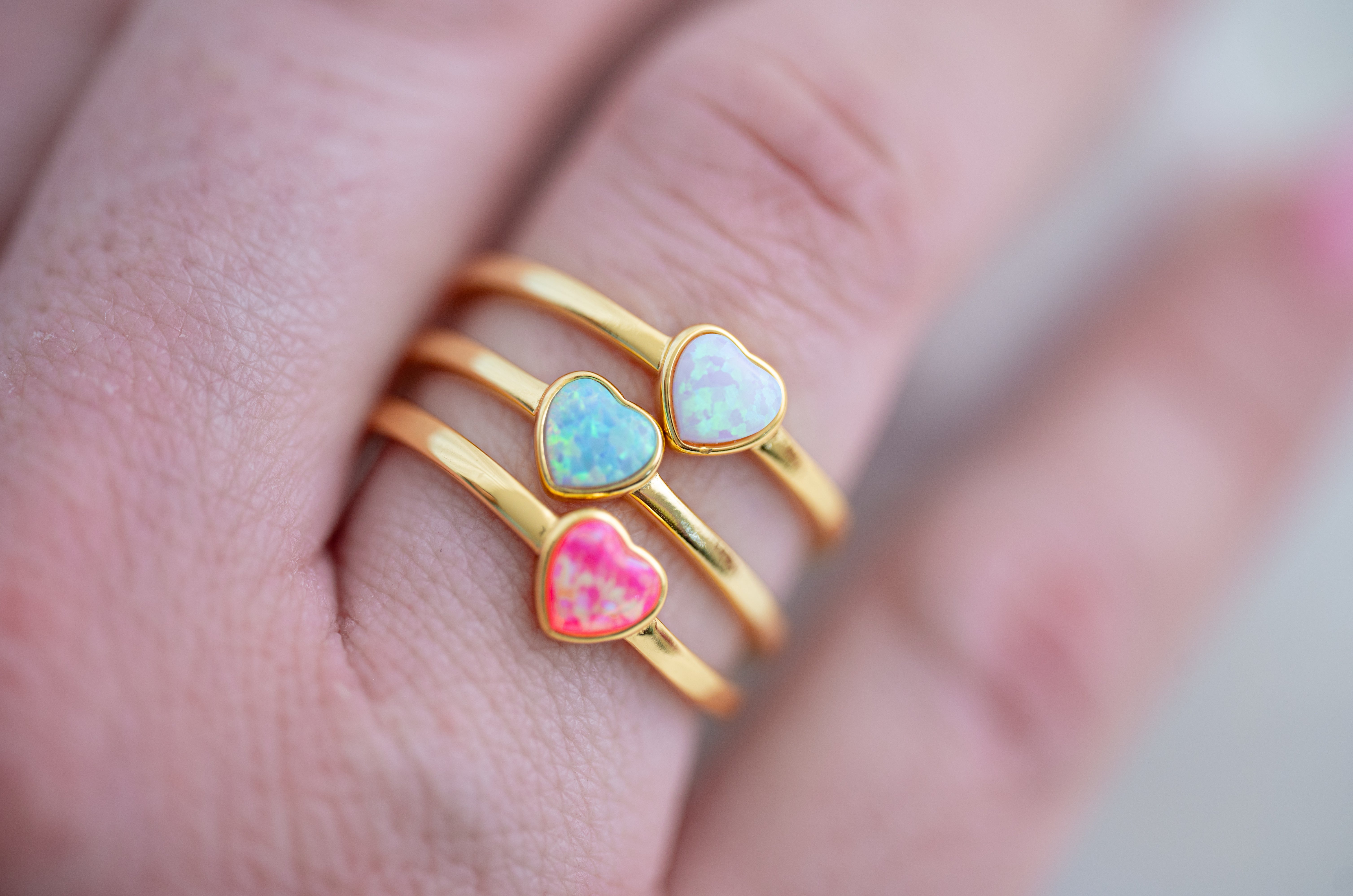 The Millie Dainty & Delicate Opal Heart Ring in Gold - Adjustable - Blue