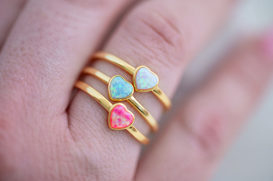 The Millie Dainty & Delicate Opal Heart Ring in Gold - Adjustable - Hot Pink Opal