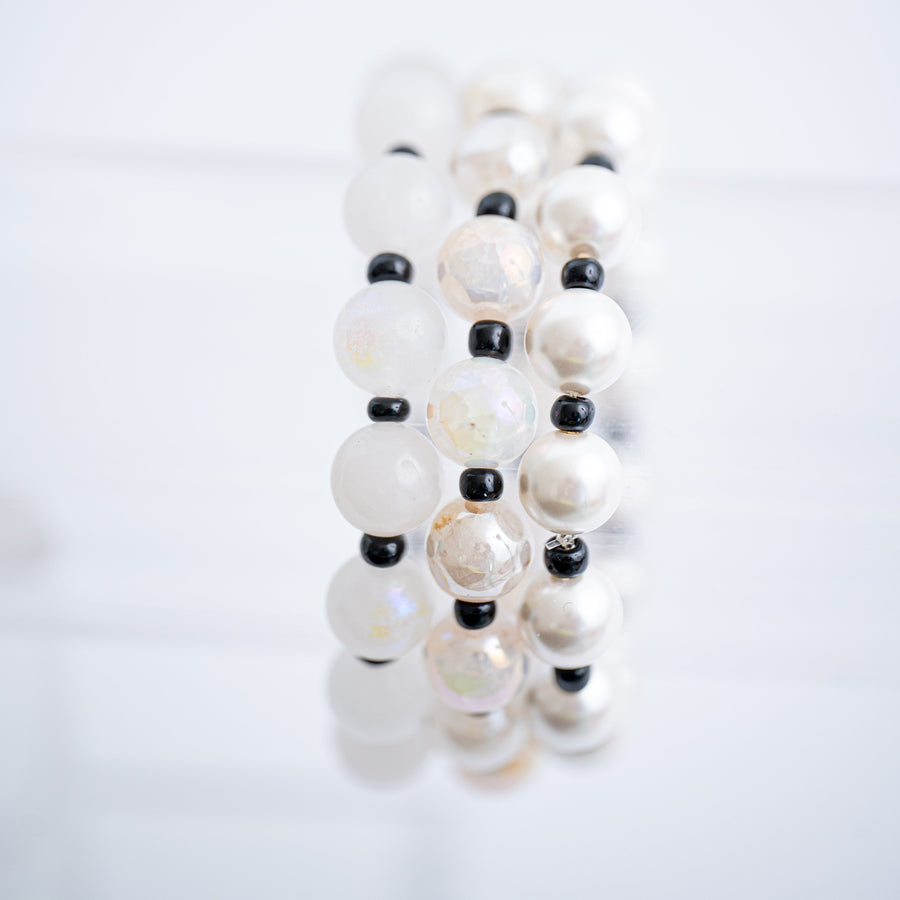 The One I want Pearl Moonstone Agate Black Bead Bracelet Stack - Stretchy