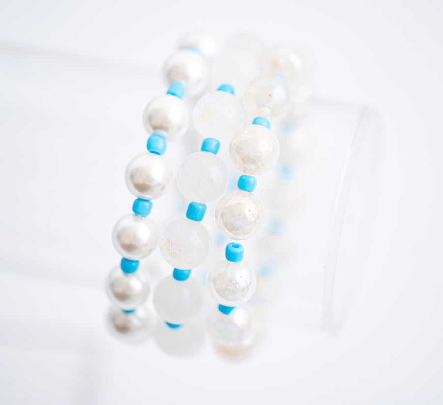 The One I want Pearl Moonstone Agate Blue Bead Stretchy Bracelet Stack