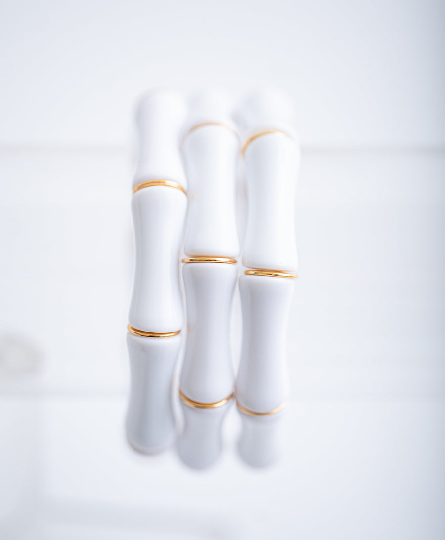 The Thick Bridgette Bamboo Stretchy Bracelet in White with Gold